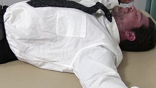 Tattooed muscular hunk endures tickling  from master