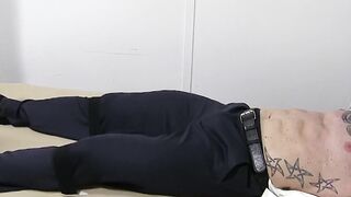 Tattooed muscular hunk endures tickling  from master