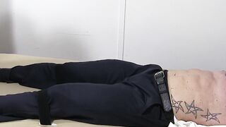 Tattooed muscular hunk endures tickling  from master