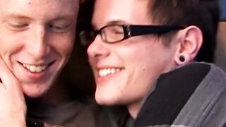 Nerdy young gay Timo Garrett riding big cock after mutual BJ