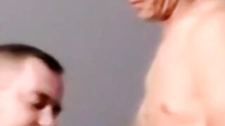 Amateur jerks off while mature man helps him cum with tongue