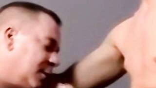Amateur jerks off while mature man helps him cum with tongue