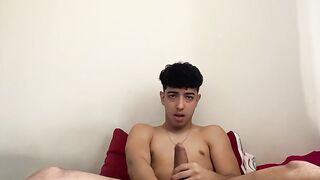 Cute Hunk Henry Lynes enjoys stroking his huge cock in his bed