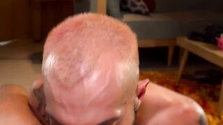 Hot shaggy blonde Chriistop leans comfortably while his cock getting sucked