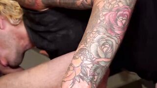 Hot shaggy blonde Chriistop leans comfortably while his cock getting sucked