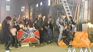Trashy MILF gets facialized inside gang bang