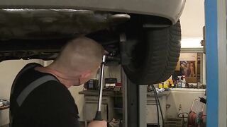 Inked Bombshell ride cocks inside the garage
