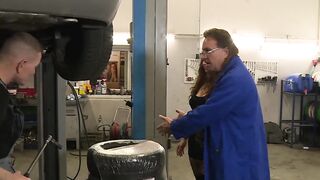 Inked Bombshell ride cocks inside the garage
