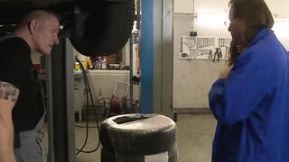 Inked Bombshell ride cocks inside the garage