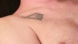 Inked middle aged amateur guy cums on a plate after jerking