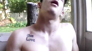 Sexy twink Brian loves to stroke his big cock on the balcony