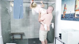 Naughty petite bouncing on huge dick until a big facial