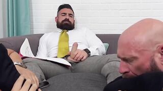 Hunky boss Miguel jerked off while having his feet worshiped by Killian Knox and Dan