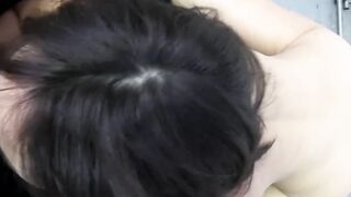 Naughty dark haired gets facialized by a huge dick