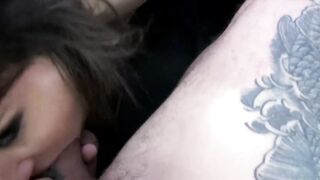 Naughty dark haired gets facialized by a huge dick