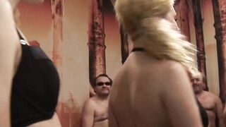 Blonde chicks blowing cocks into gang bang