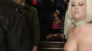 Two slaves Skin Diamond and Cherry Torn degraded and public fucked on the stairwell