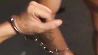 Handcuffed inked amateur solo jerking off his rock hard dick