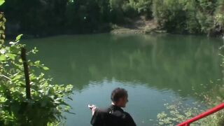 Sub gets punished and pissed outdoor