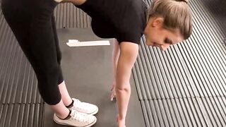 Chesty cuties ride fat penis inside the gym