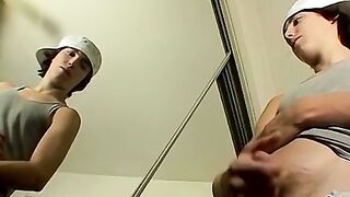 Skinny straight twink cums on mirror after masturbating