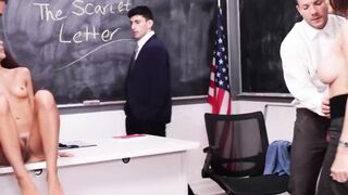 Petite schoolgirl Vanna Bardot and her teacher Shay Sights are fucked by students