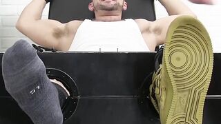 Restrained handsome youngster receives tickling torment