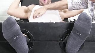 Restrained handsome youngster receives tickling torment