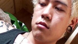 Blond Japanese twink toys with hole and strokes his dick