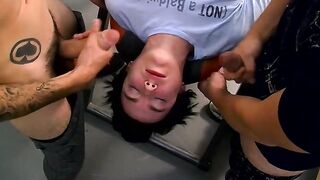 Naughty twink mouth filled with two big cocks