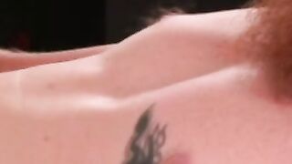Bearded tattooed mature guy jerks off and cums on himself