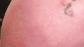 Bearded tattooed mature guy jerks off and cums on himself