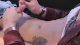 Gay twink Casper Ellis masturbates and cums in a moving car