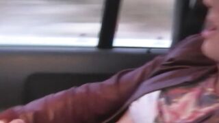 Gay twink Casper Ellis masturbates and cums in a moving car