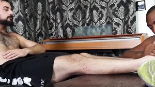 Black stud sucks his hairy lovers toes while he masturbates