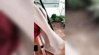 Outside with my shiny Nylons