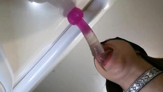 Catgirl eagerly blows a huge sex toy