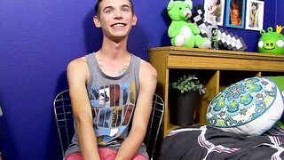 Skinny gay Bentley Ryan interviewed and jerking off to cum