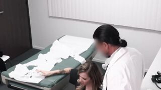 Blonde patient Destiny Cruz and nurse Rory Knox share the doctors massive cock in a t