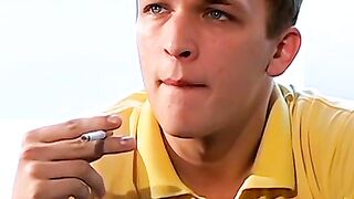 Cute Adam oozed cum while smoking after his jerking session