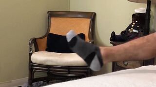 Cute stud lays on the bed and strokes his large meat pole