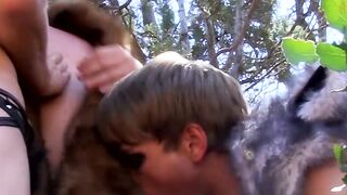 Emo twink bare banging tight bottom in forest threesome