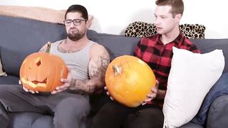 DaddiesPorno.com - Tattoed dadbod surprised stepson with hot Halloween pumpkin