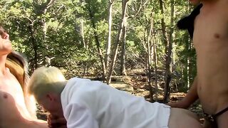 Young hotties barebacking their friend in the forest
