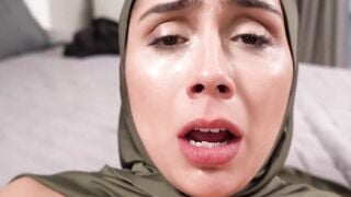Hijab stepmom Lilly Hall slobbers all over my erect cock as she caught me masturbatin