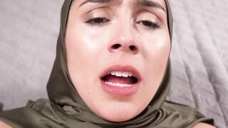 Hijab stepmom Lilly Hall slobbers all over my erect cock as she caught me masturbatin