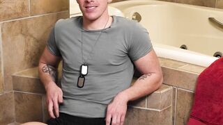 Young blonde soldier Sebastian Wood slowly strips before jerking dick solo