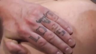 Steve rests on his back as Daxx stretches his sloppy hole with his greasy, ungloved h