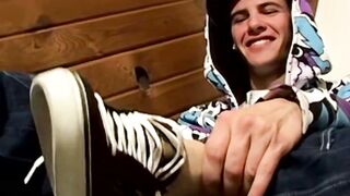 Sweet Clyde wanks off his cock and milks out his dick on his sexy feet