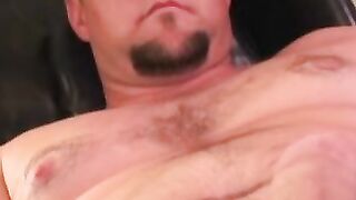 Fat amateur jerks off his erect cock and cums on himself